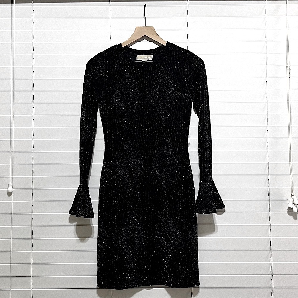 MICHAEL Michael Kors Black Metallic Knit Bell Cuff Dress Size-XS